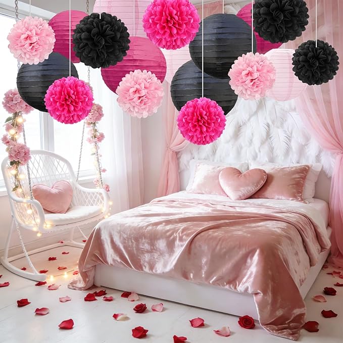 18 PCS Black Pink Paper Lanterns & Tissue Paper Pom Poms for Girls Birthday, Baby Shower, Wedding, Bridal Shower, Hanging Paper Decor for Indoor Outdoor Events Party Supplies