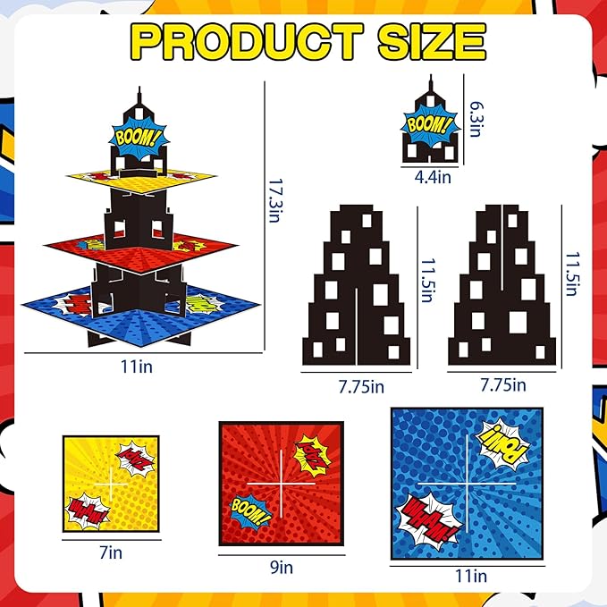 KALEFO Superhero Party Supplies Cake Stand 3 Tier Cupcake Stand Super Hero Parties Favors Mini Cup Cake Holder for Birthday Decorations (Superhero)