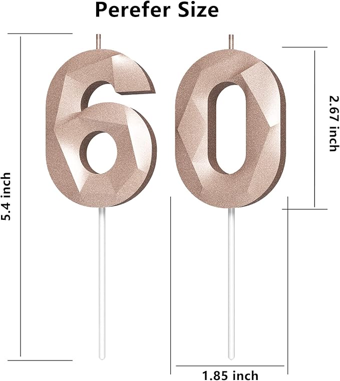 Number Birthday Candles(60 Candle Rose Gold) 3D Diamond Shape Number Happy Birthday Cake Candles for Birthday Party Wedding Decoration Reunions Theme Party