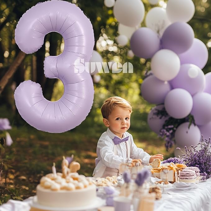 SUWEN 40 Inch Light Purple Large 3 Balloon Number Big Foil Helium Lavender Number Balloons Huge Mylar 0-9 Giant Jumbo Happy 3rd Birthday Party Anniversary Decorations