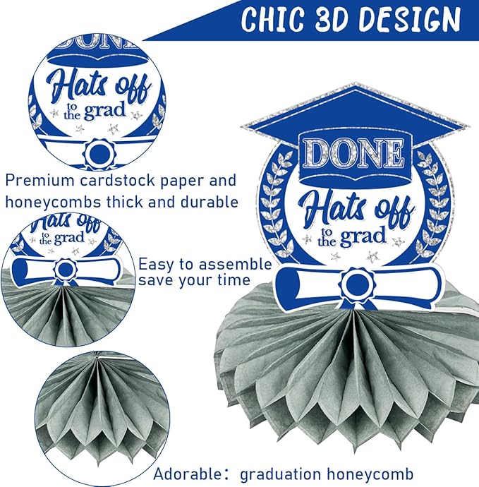 8 PCS Blue Silver Graduation Party Decorations Class of 2026 Blue Congrats Grad Honeycomb Centerpieces Congratulate Graduation Table Toppers for Graduation Party Supplies