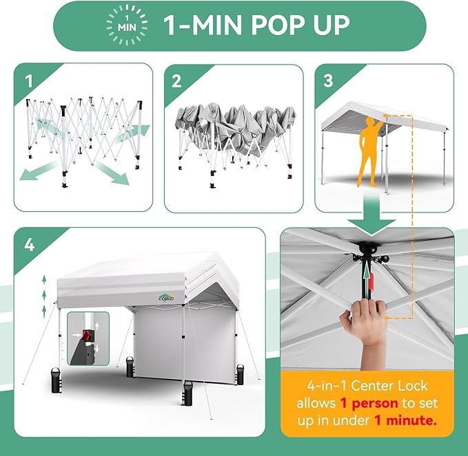 COBIZI 10x10 Pop Up Canopy with One Button Push Center Lock,Ez Up Portable Carport Without sidewall,Waterproof UV50+ Outdoor Party Commercial Carport Canopy with Carry Bag(10 x 10 ft White)