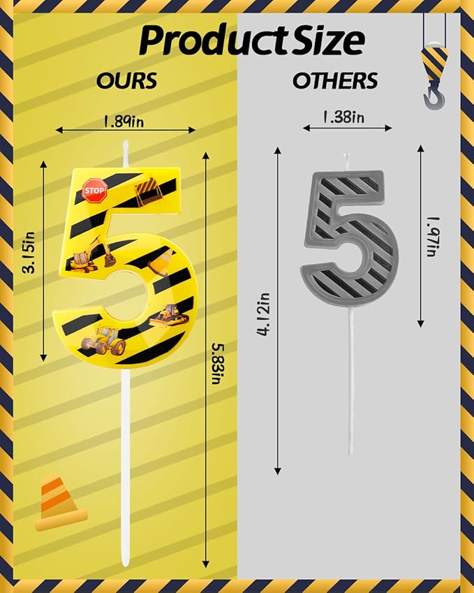 Number 5 Construction Birthday Candle, 2.68 Inch Yellow and Black Striped Candle, Birthday Candles Numbers Construction Cake Topper for Boys Girls, Construction Birthday Party Supplies Decorations