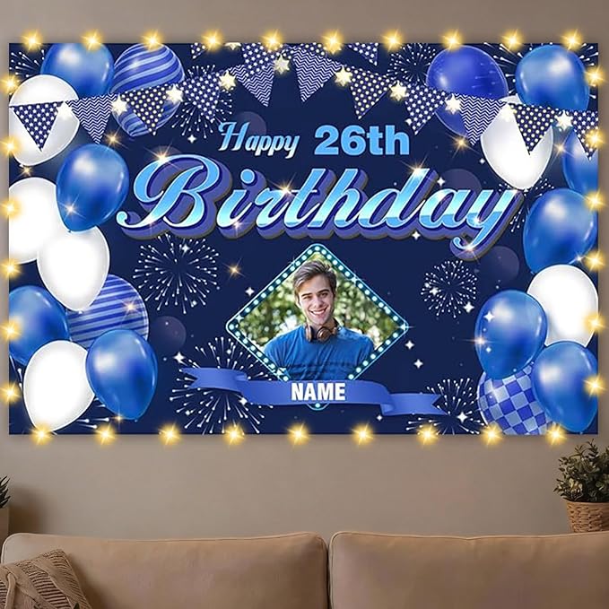 Custom Navy Blue Happy Birthday Decorations Backdrop, Personalized Glitter Sign, Banner, Party Supplies Photo Background for Children, Men, Women