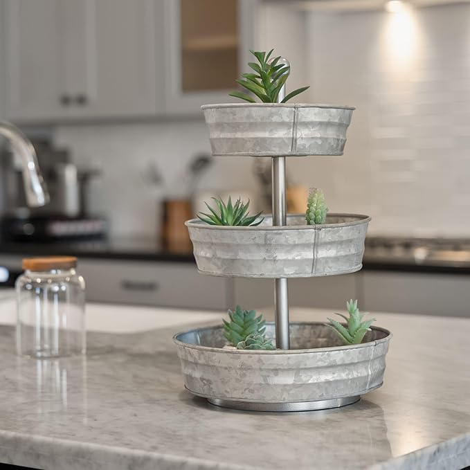WallCharmers 3 Tier Galvanized Round Metal Tray, Three Tiered Serving Tray for Farmhouse or Cottage Theme Decor, 18 Inches, Size,