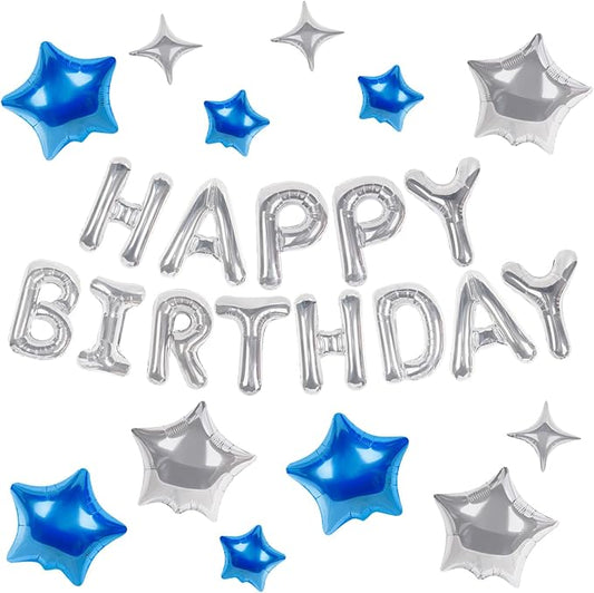 CANREVEL Happy Birthday Banner 13pcs 16 Inch Mylar Foil Letters with 12pcs Star Balloons Birthday Party Decorations for Kids and Adults - 3D Silver Blue
