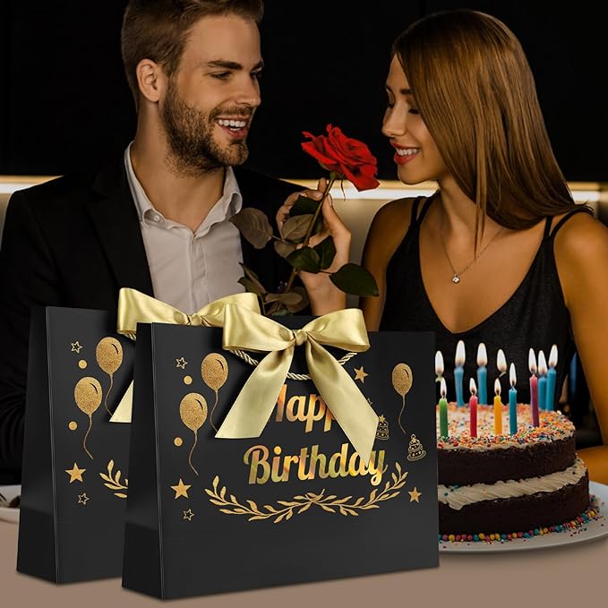 JMANNI Black Gold Happy Birthday Gift Bag with Card and Tissue Paper, 12.6"×9.84"×3.9" Elegant Present Bag for Men Women, Year Old Birthday Keepsake Party Supplies