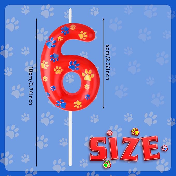 Conelist Number 6 Dog Paw Birthday Candles Dog Toppers Candles Blue Yellow and Red Numeral Birthday Cake Topper for 6 Year Old Boy Girl Paw Party Decoration Party Supplies