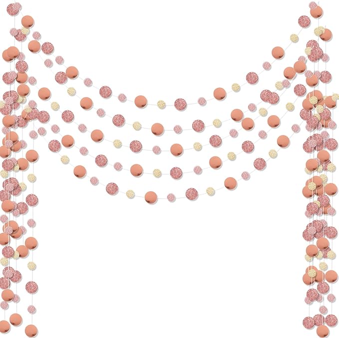 Outus 5 Pieces Rose Gold Round Dots Garland Graduation Party Hanging Decor Each Length 13.1ft Glitter Paper Dot Streamers for Birthday Wedding Classroom Supplies (Champagne)