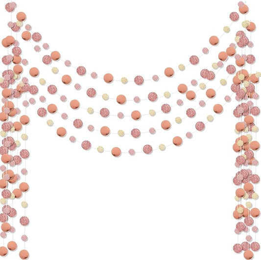 Outus 5 Pieces Rose Gold Round Dots Garland Graduation Party Hanging Decor Each Length 13.1ft Glitter Paper Dot Streamers for Birthday Wedding Classroom Supplies (Champagne)