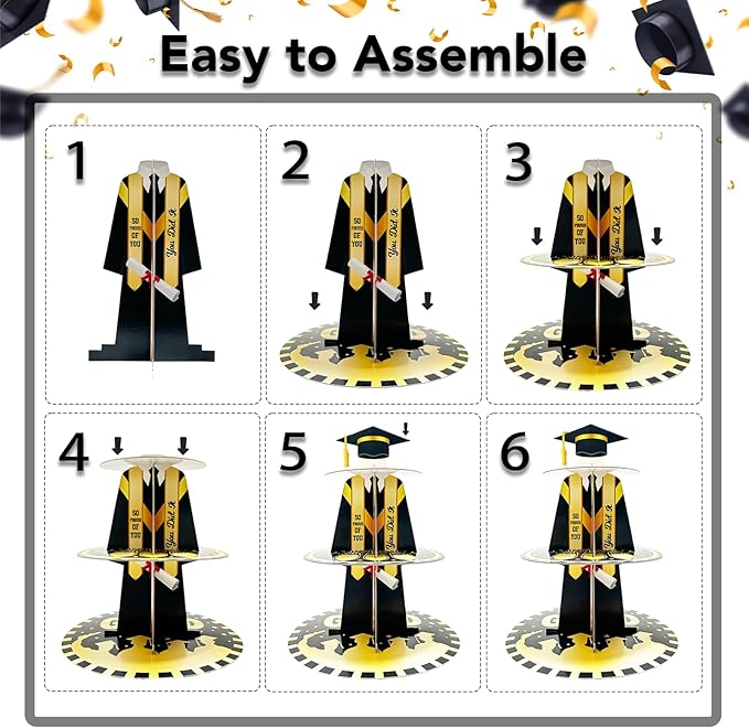 Graduation Cupcake Stand for 25 Cupcakes, Class of 2026 Congrats Dessert Collapsible 3 Tier Holder for Grad Party Black and Gold, Disposable Cardboard Stand Display Tower Graduation Cap Decorations Supplies for College School