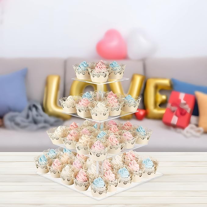 AMEITECH Cupcake Stand with Base, 4-Tier Square Acrylic Cupcake Display Stand Dessert Tower Pastry Stand Premium Cupcake Holder for Wedding Birthday Theme Party - Transparent