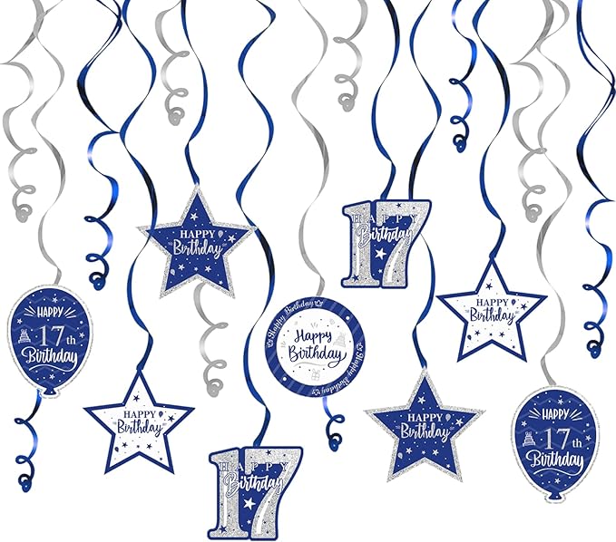 Happy 17th Birthday Blue & Silver Glitter Swirls Streamers Party Decorations - 15 Pcs 17th Birthday Hanging Swirls Streamers Kit,Cheers to Seventeen Years Old Bday Party Sign.