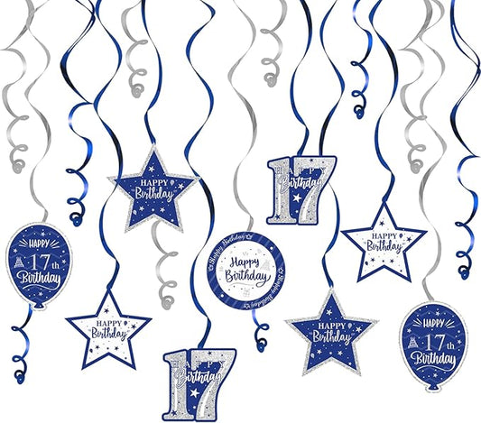 Happy 17th Birthday Blue & Silver Glitter Swirls Streamers Party Decorations - 15 Pcs 17th Birthday Hanging Swirls Streamers Kit,Cheers to Seventeen Years Old Bday Party Sign.