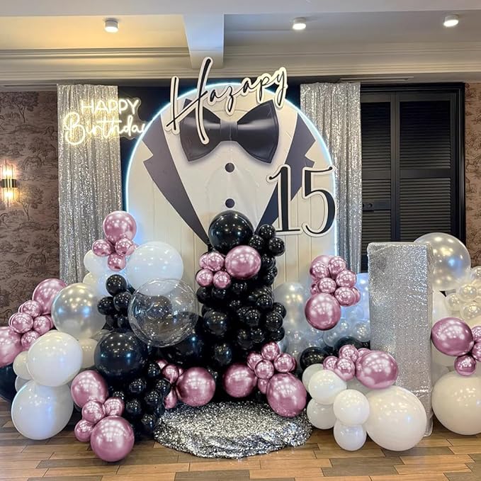 Metallic Pink Black Balloons Arch Kit, 151Pcs Black Chrome Pink and Bobo Balloons Garland 18 12 10 5 inch for Birthday Wedding Bachelorette Anniversary Halloween Christmas Party Decorations