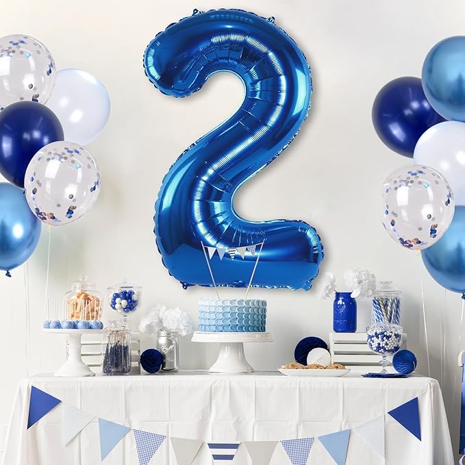 Foil Number Balloons - 2nd Birthday, Pastel Helium Balloons, 40 inch, Navy, Dark Blue, Silver Confetti, Self Inflating, Big Two, Boys' Birthday Party Decor