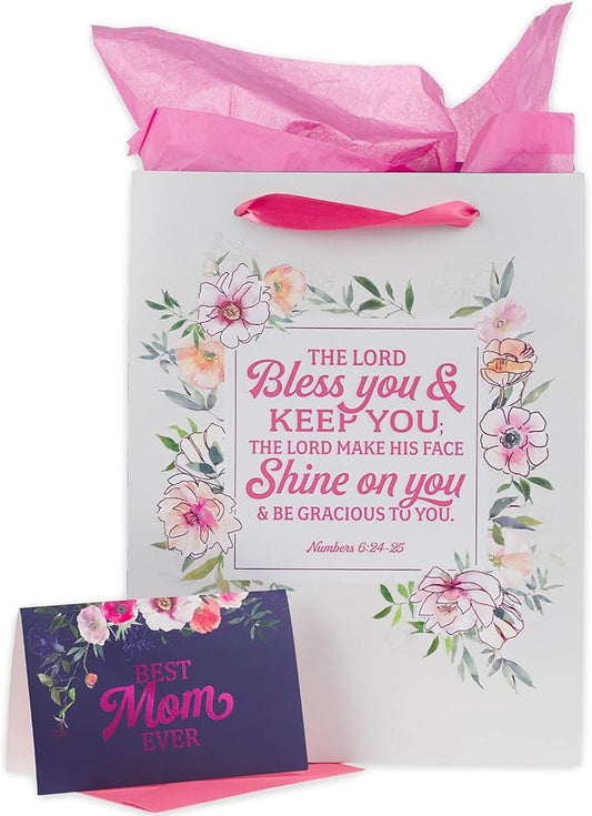 Christian Art Gifts Large Portrait Scripture Gift Bag w/Blank Card & Wrapping Tissue Paper Set for Moms: Lord Bless You Inspirational Bible Verse, Best Mom Ever Greeting for Mother's Day, Birthday,