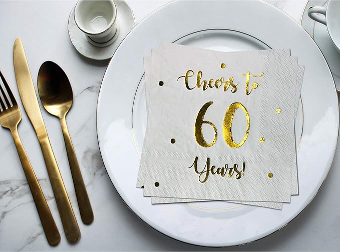 Cheers to 60 Years Cocktail Napkins | Happy 60th Birthday Decorations for Men and Women and Wedding Anniversary Party Decorations | 50-Pack 3-Ply Napkins | 5 x 5 inch folded (White)