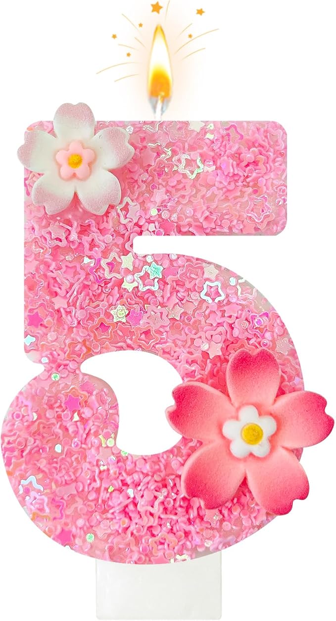 Pink Flower Birthday Candle,Number Birthday Candles for Cake, Ideal Birthday Parties Cake Decor, Wedding Anniversary and Other Celebrations (Number 5, Pink)