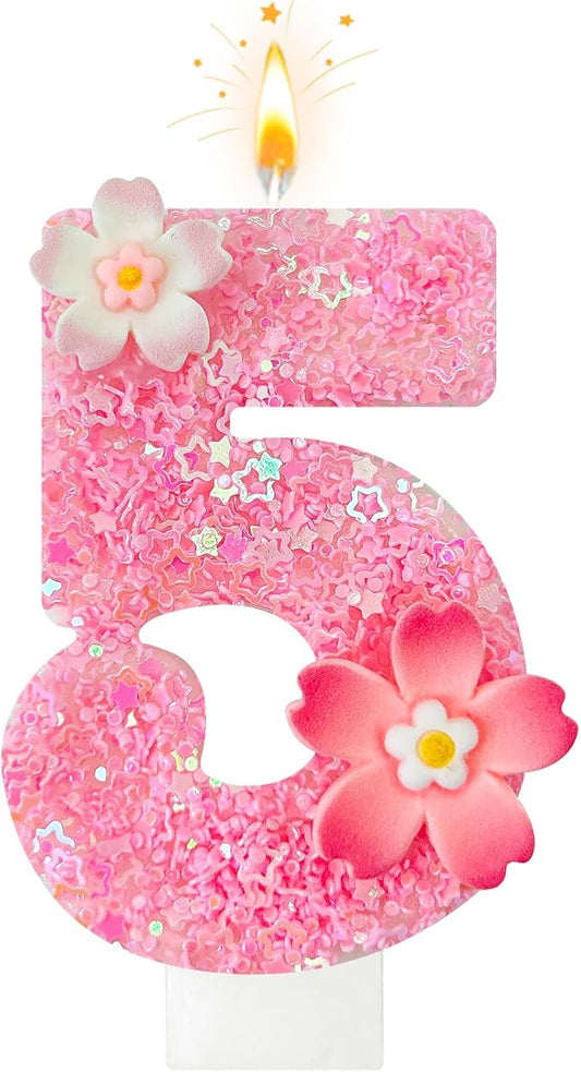 Pink Flower Birthday Candle,Number Birthday Candles for Cake, Ideal Birthday Parties Cake Decor, Wedding Anniversary and Other Celebrations (Number 5, Pink)