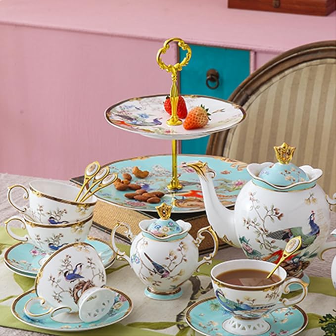 ACMLIFE Afternoon Tea Stand - Porcelain 2-Tier Cake Stand with Vintage Floral Design in Blue Bone China for Tea Parties and Dessert Displays