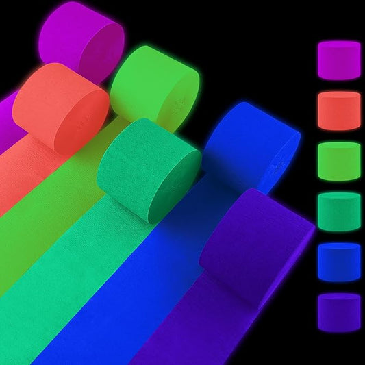 Neon Crepe Paper Streamers, 2.2" x 123 Ft Per Roll Glow in The Dark Streamers 6 Rolls for Rainbow Birthday Party Wedding Decorations UV Blacklight Reactive Fluorescent Party Supplies