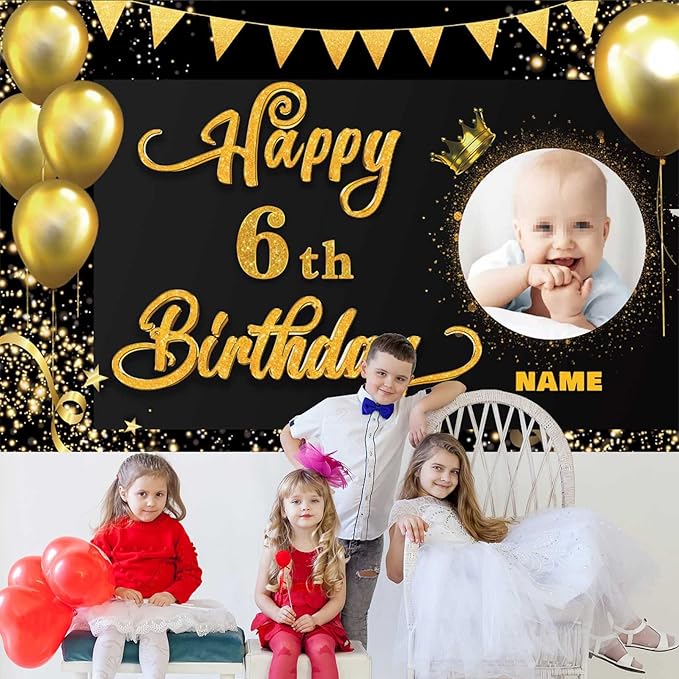 Custom Happy 6th Birthday Decorations Banner -6 Years Old Backdrop forwomenmen Boys Girls - Personalization Party Supplies Black and Gold, 4x6ft/5x7.5ft/6x9ft/7x10.5ft/8x12ft