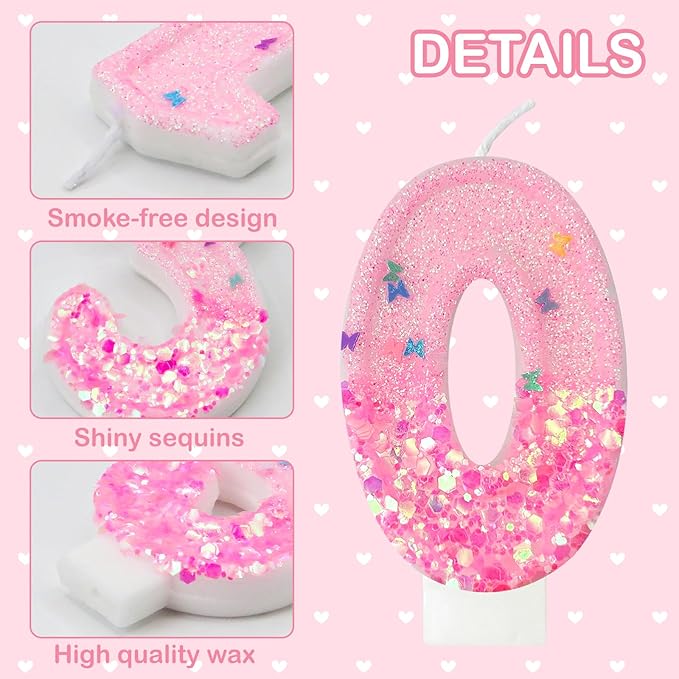 Pink Sequin Birthday Candles, Cake Number Candles, Girls 0th Birthday Decorations, Suitable for Birthday Parties, Anniversary Party Decorations(0)