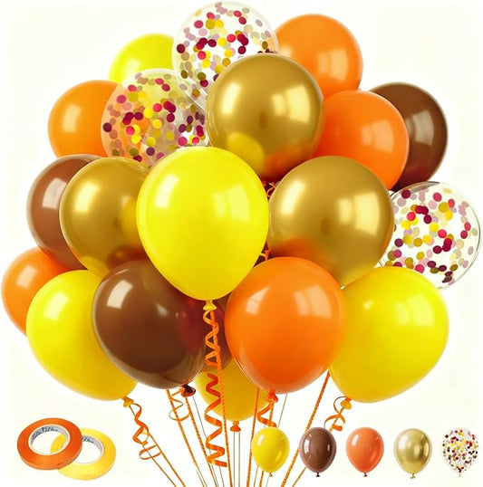 60 Pcs 12 Inch Fall Balloons Fall Birthday Party Decorations Brown Orange Yellow Gold Confetti Balloons for Autumn Harvest Happy Thanksgiving Day Party Supplies