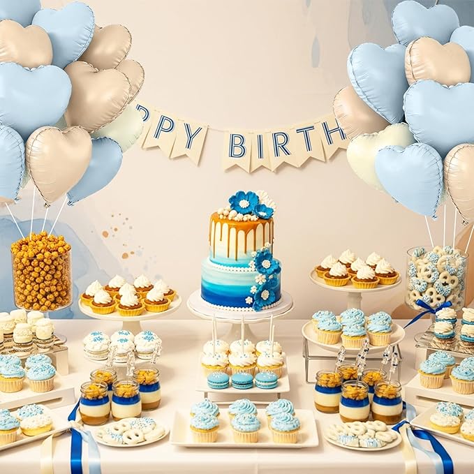 TONIFUL 30Pcs 18 Inch Light Blue Cream White Caramel Balloons Heart Shape Foil Mylar Banners Decoration for Birthday Valentine's Day Wedding Bridal Shower Anniversary Engagement Party Supplies
