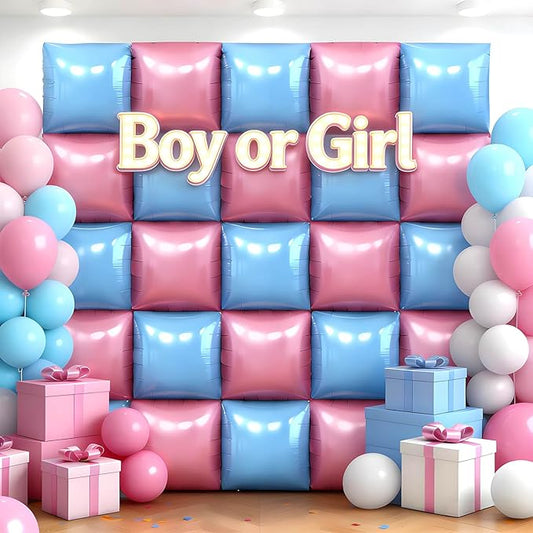 25Pcs Pink and Blue Square Foil Balloons Wall Backdrop, Double Sided Metallic Foil Balloons Tunnel Arch Garland Kit for Photo Booth Birthday Wedding Graduation Halloween Party Decorations