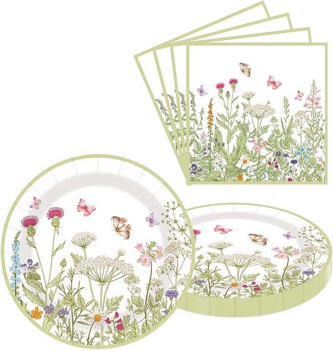 40 pcs Pary Paper Plates and Napkins Disposable Spring Flower 9 inch 20 pcs Dessert Party Plates & 20 pcs Napkins Tableware for Wedding Party Decorations