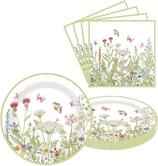 40 pcs Pary Paper Plates and Napkins Disposable Spring Flower 9 inch 20 pcs Dessert Party Plates & 20 pcs Napkins Tableware for Wedding Party Decorations