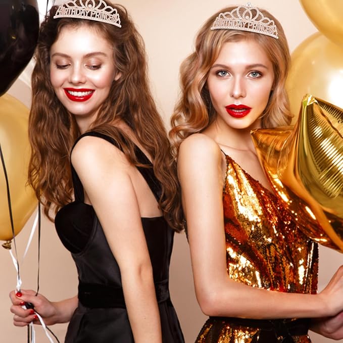 CAVETEE Princess Crowns and Sashes for Girls & Women - Birthday Party Decorations Set