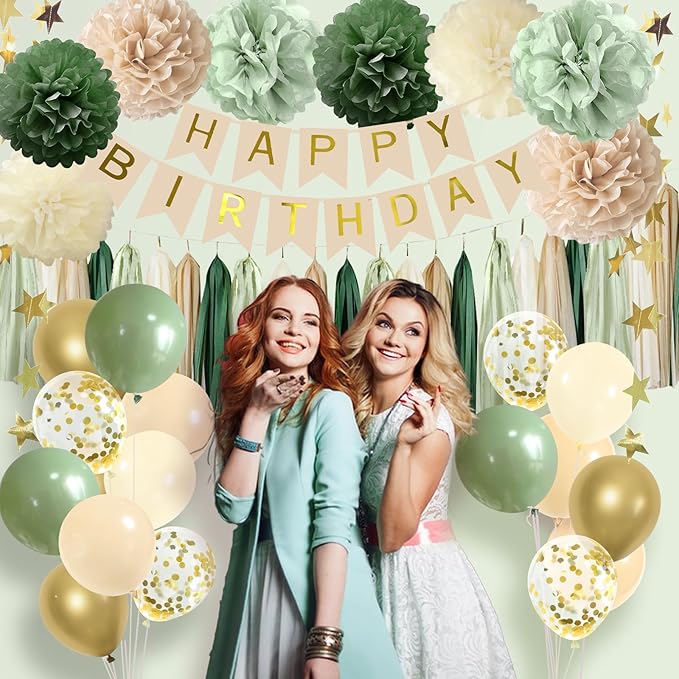 ELTNEGSA Sage Green Birthday Party Decorations with Banner, Tissue Tassels, Paper Pompoms, Balloons, Star Garland, Cake Topper
