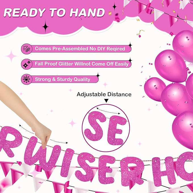 Fulmoon Set of 3 Pre Strung Older Wiser Hotter Glitter Banner Funny Birthday Banner for Women 30th 40th 50th 60th 70th 80th Birthday Party Decorations Sign Gift(Hot Pink)