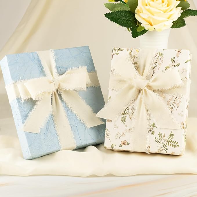 Ivory Cotton Ribbon 1 Inch Ivory 3 Rolls 21 Yards Frayed Edge Fabric Set for Wedding Invitations, Bridal Shower, Anniversary Celebration, Elegant Event Decor & Gift Wrapping
