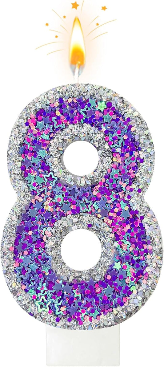 K-pop Number 8 Birthday Candle, Star Glitter Filled Number Candle, Purple Silver Fantasy Cake Topper for Birthday Party Decoration