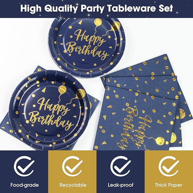 96PCS Happy Birthday Plates and Napkins Party Supplies, Black and Gold Disposable Paper Plates and Napkins with Forks Tableware Set for Birthday Party Decorations 24 Guests (Birthday Blue)
