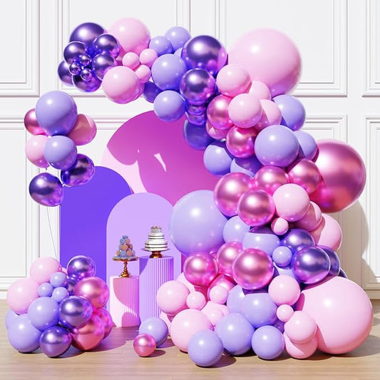 Pink and Purple Balloons Garland Arch Kit, Metallic Pink and Purple Latex Balloons for Girl Women Birthday Bridal Baby Shower Party Decoration