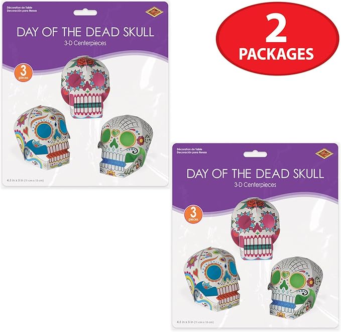 Beistle 6 Piece Three Dimensional Sugar Skull Day Of The Dead Centerpieces - Eye-Catching Dia De Los Muertos Party Decorations, Made In USA Since 1900