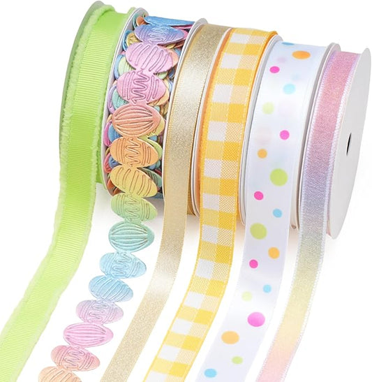 LaRibbons Easter Ribbons for Crafts, 6 Rolls Spring Decorative Ribbons,5 Yards Each, Pastel & Easter Egg Designs for Gift Wrapping, Wreaths & DIY Crafts