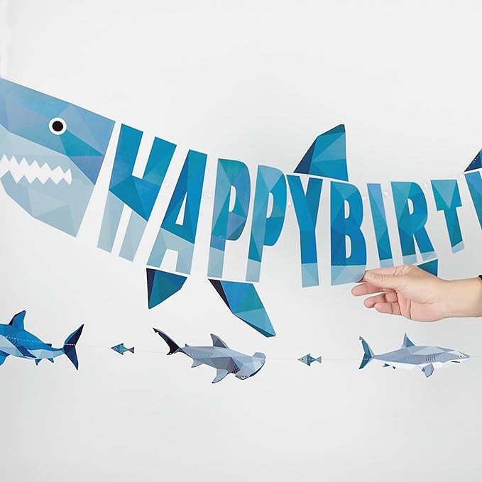 Cheerland Shark Birthday Party Decorations Happy Birthday Banner Hanging Shark Garland Decor Geometric Style Under The Sea Nautical Ocean Theme Pool Party Supplies