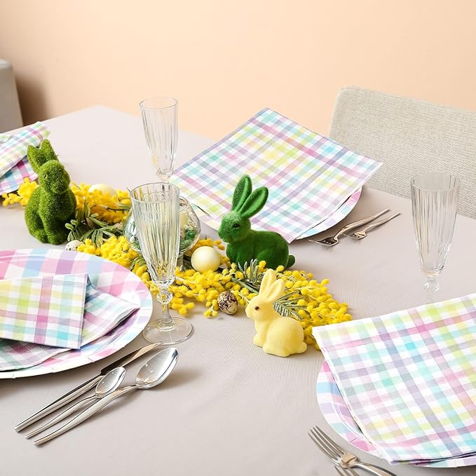 Zhehao 120 Pcs Spring Plaid Paper Plates and Napkins Sets 60 Pastel Spring Disposable Plates and 60 Paper Napkins for Baby Shower Birthday Party Decorations Holiday Supplies