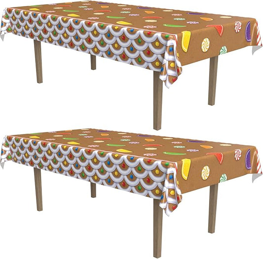 Beistle Gingerbread House Tablecovers, 54” x 108”, 2 Pieces – Plastic Table Cloth, Rectangular Tablecloth, Table Covers for Party, Gingerbread Party Supplies, Christmas Decorations