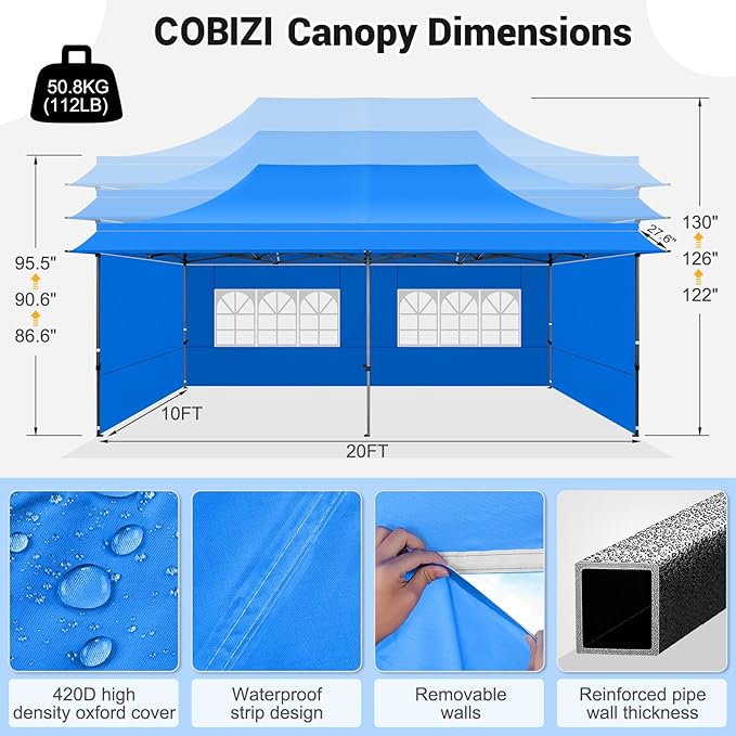 COBIZI 10x20 Pop Up Canopy Tent Heavy Duty with Sidewalls, Outdoor Commercial Canopy with Awning, Waterproof&45 SF Extended Awning, Vendor Tent for Market, Party Events, Blue
