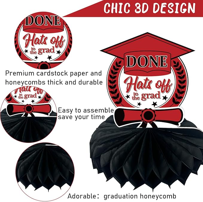 8PCS Graduation Decorations 2026, Class of 2026 Congrats Grad Table Centerpieces Congratulate Graduation Honeycomb Table Toppers for Graduation Party Supplies (Red Black)