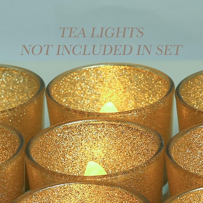 Gold Votive Candle Holders, BeMoment Glitter Glass Tealight Candle Holder for Christmas, Wedding Decor and Home Decor, Festival, Xmas, Holiday, Set of 12(2”×2”)