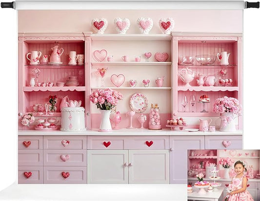 Kate Sweet Heart Backdrops Pink Kitchen Theme Girls Birthday Party Decorations Photo Studio Props, 7x5ft