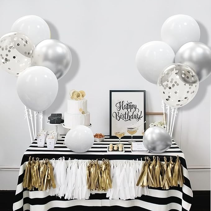 62pcs Party Decorations Balloons Kit - 12 Inches Silver White Confetti Party Balloons for Graduation Birthday Wedding Party Baby Shower Decoration Supplies